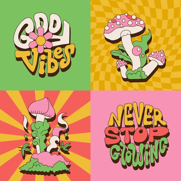 Vector conjunto de carteles maravillosos con citas de letras y postales retro de setas trippy en s hippie retro s
