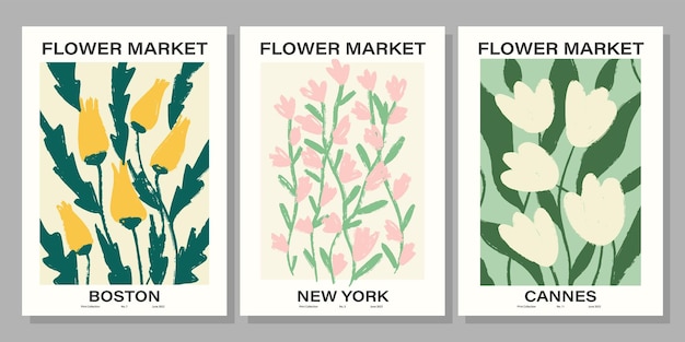 Conjunto de carteles del mercado de flores. ilustración floral abstracta. cartel vintage de colección de arte de pared botánica