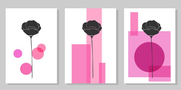 Conjunto de carteles minimalistas creativos con elementos botánicos y formas rosas.