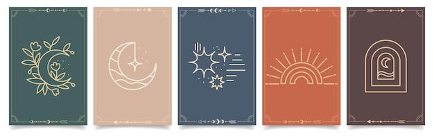 Conjunto de carteles místicos esotéricos con símbolos espirituales luna sol estrellas plantillas en estilo boho