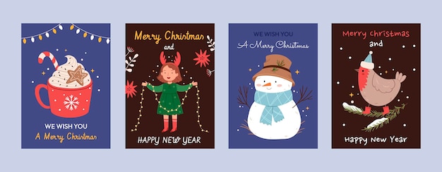 Conjunto de carteles de Navidad y Año Nuevo Decoraciones de personajes Hombre de nieve copa roja de bebida caliente Colección de tarjetas de felicitación infantiles Bandera de invitación de Año Nuevo
