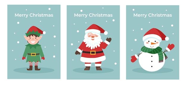 Conjunto de carteles de Navidad Tarjetas de Navidad con el muñeco de nieve de Papá Noel y el elfo Ilustración plana