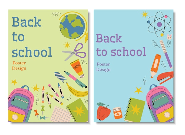 Conjunto de carteles o tarjetas de regreso a la escuela al estilo plano de dibujos animados con suministros escolares