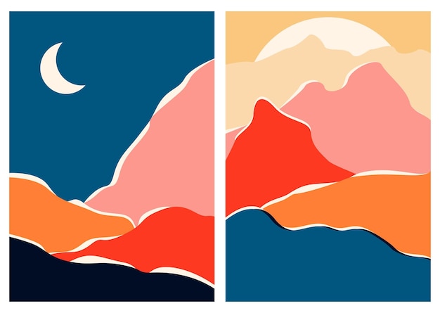 Conjunto de carteles de paisajes contemporáneos abstractos impresión de arte minimalista moderno de mediados de siglo portada de cartel de boho sol de lago de colina de montaña diseño plano para folleto de folleto de cartel de portada de libro