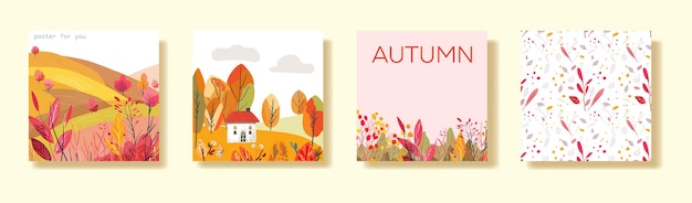 Conjunto de carteles de paisajes de otoño dibujados a mano
