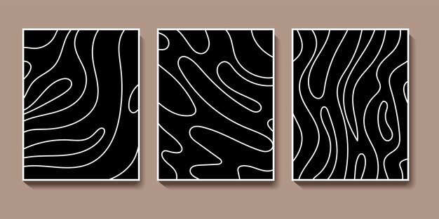 Conjunto de carteles de patrón de línea de curva dibujada a mano abstracta. Diseño minimalista de portada en blanco y negro. Vector