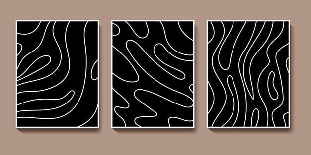 Vector conjunto de carteles de patrón de línea de curva dibujada a mano abstracta. diseño minimalista de portada en blanco y negro. vector