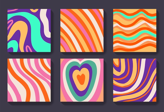 Conjunto de carteles de patrón maravilloso Y2K. Fondo abstracto ondulado psicodélico colorido. diseño retro