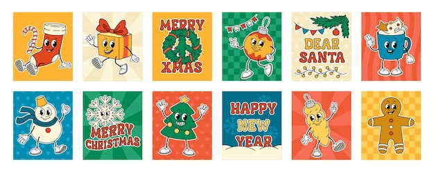 Conjunto de carteles de personajes retro de navidad vector
