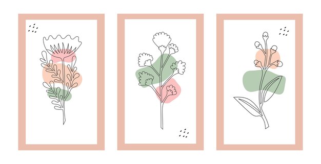 Conjunto de carteles con plantas dibujadas en una línea ilustración de flores en una línea continua