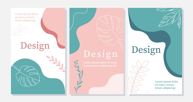 Conjunto de carteles con plantas Formas naturales y orgánicas Estética y elegancia lujo Hojas y follaje minimalistas Colección de vectores planos de dibujos animados aislados en fondo gris