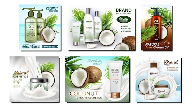 Vector conjunto de carteles de promoción de cosméticos de coco