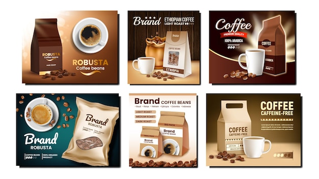 Conjunto de carteles promocionales de paquetes de café vector