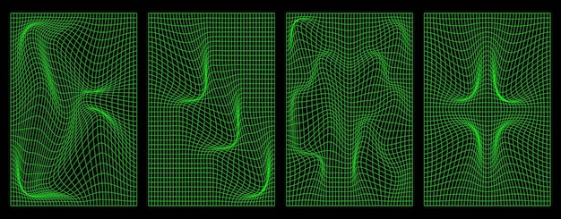 Conjunto de carteles con rejilla de neón distorsionada Retrouve synthwave rave vaporwave Ilustración vectorial moderna
