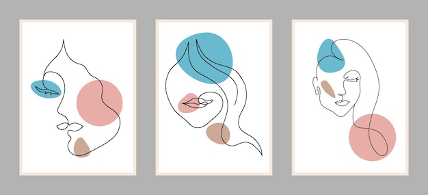 Conjunto de carteles con retratos de mujeres al estilo del arte lineal con manchas de color