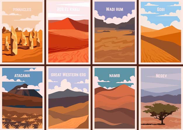 Conjunto de carteles retro Desiertos famosos del mundo.