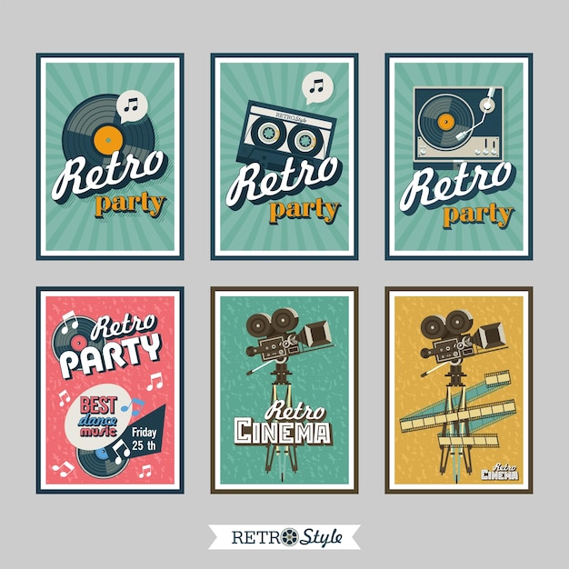 Conjunto de carteles retro. Fiestas retro. Cine retro.