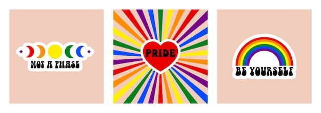 Conjunto de carteles retro para el Mes del Orgullo LGBTQIA Publicaciones en las redes sociales con eslóganes groovy queer y ilustración vectorial de frases