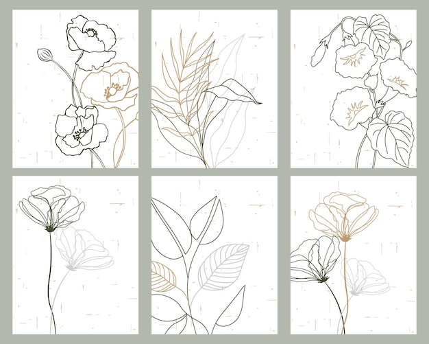 Conjunto de carteles, tarjetas de felicitación con dibujos lineales de flores silvestres y plantas. Colores pastel, rústico