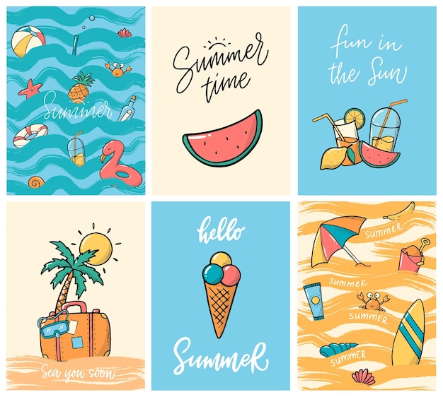 Conjunto de carteles de tarjetas de verano impresiones de páginas individuales