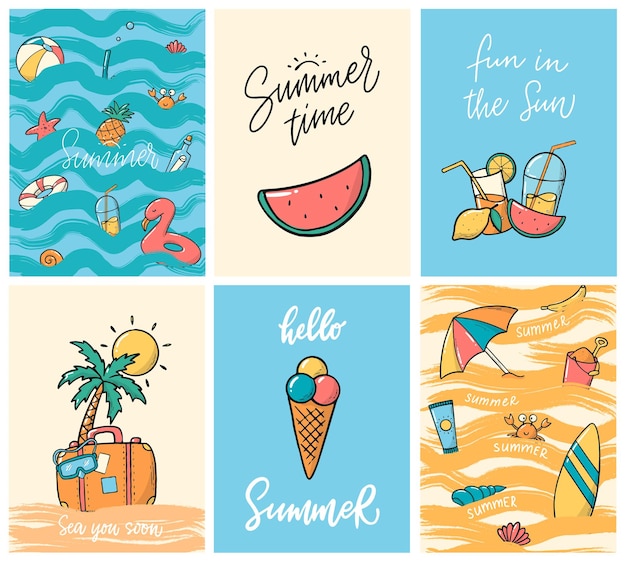 Conjunto de carteles de tarjetas de verano impresiones de páginas individuales