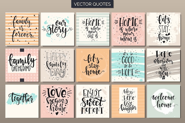 Vector conjunto de carteles de tipografía dibujados a mano. frases conceptuales escritas a mano hogar y familia.