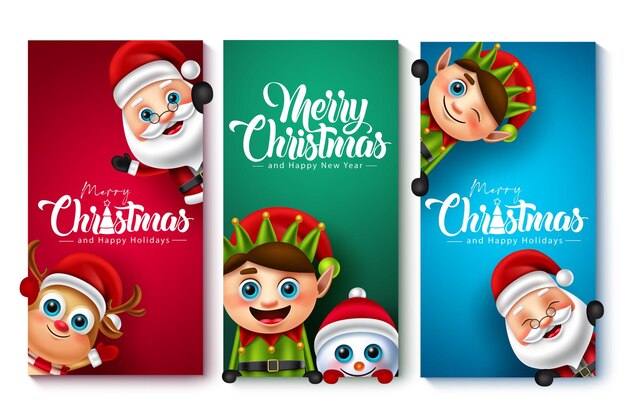 Conjunto de carteles de vector de caracteres navideños Texto de feliz Navidad con renos y duendes de santa claus