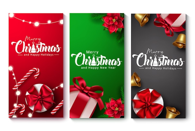 Conjunto de carteles de vector de feliz Navidad Texto de feliz Navidad con regalo de bastón de caramelo flor de pascua