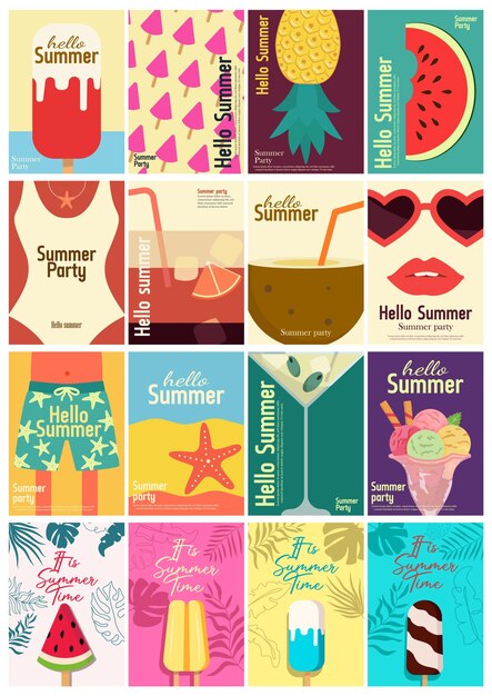Vector conjunto de carteles de vectores de horario de verano colección de texto de clima cálido o soleado con paletas de helado de sandía y elementos de sombrero para vacaciones tropicales ilustración vectorial
