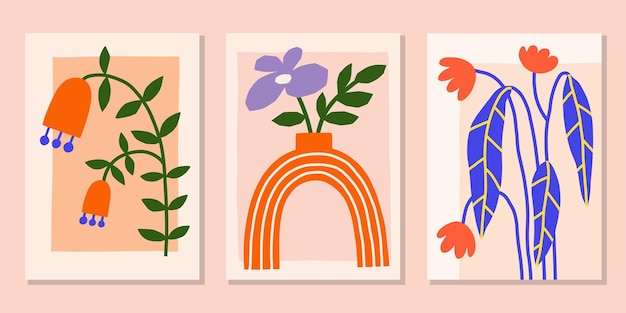 Vector conjunto de carteles vectoriales de flores abstractas arte floral de verano en la pared impresións de matisse con planta en olla