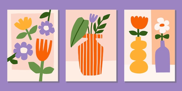 Conjunto de carteles vectoriales de flores abstractas Arte floral de verano en la pared Impresións de Matisse con planta en olla