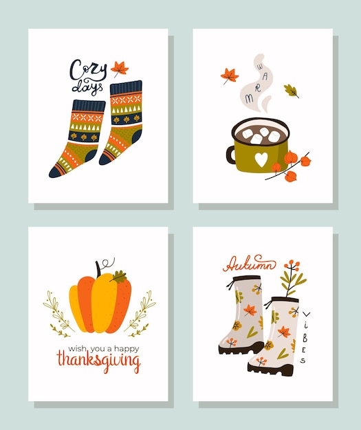 Conjunto de carteles vectoriales de otoño Calcetines de punto Botas de goma Calabaza Taza de cacao con malvaviscos