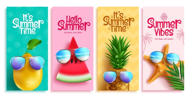 Vector conjunto de carteles vectoriales de texto de hora de verano su saludo de tiempo de verano con frutas tropicales limón sandía