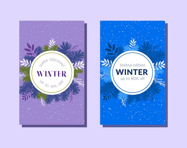 Conjunto de carteles de venta de invierno con etiqueta de texto redonda.