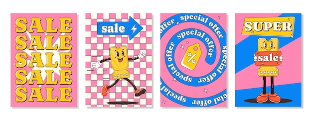 Conjunto de carteles de venta retro groovy con formas de moda de carácter de cupón de descuento Oferta especial