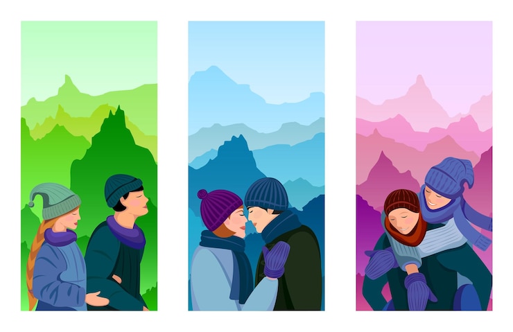 Vector un conjunto de carteles verticales con ilustraciones de personas enamoradas caminando juntas. día de san valentín