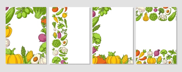 Conjunto de carteles verticales vectoriales coloridos a4 varios marcos de borde iconos de verduras de granja fresca y saludable