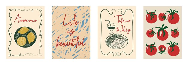 Conjunto de carteles vintage dibujados a mano en estilo dolce vita Ilustración vectorial de mano de estilo italiano