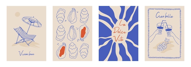Conjunto de carteles vintage dibujados a mano en estilo dolce vita Ilustración vectorial de mano de estilo italiano