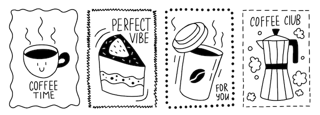 Conjunto de carteles vintage dibujados a mano con taza de café y pastel lindo Concepto de contorno con tazas de café Doodle volante negro con marco