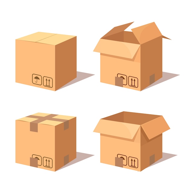 Conjunto de cartón isométrico, caja de cartón. Paquete de transporte en tienda, distribución