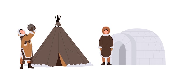 Vector el conjunto de la casa familiar de los esquimales con personajes de dibujos animados de mujeres felices de pie cerca de un wigwam y una yurta iglú