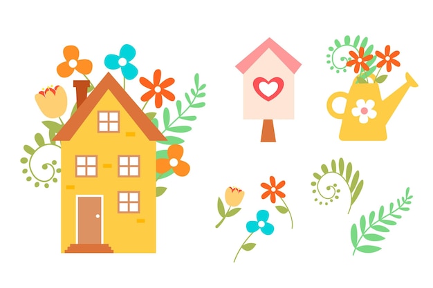 Conjunto de casa vectorial con elementos de resorte aislados sobre fondo blanco