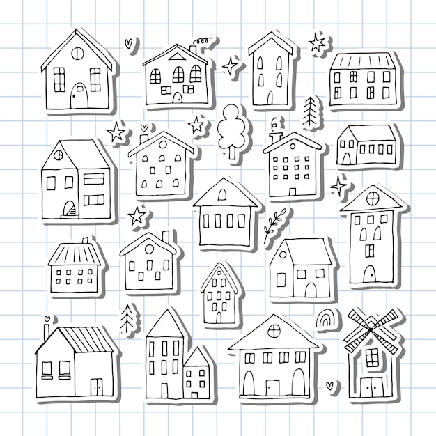 Conjunto de casas dibujadas a mano Colección de edificios dibujados Sticker de estilo Doodle