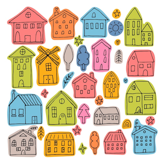 Conjunto de casas dibujadas a mano Colección de edificios dibujados Sticker de estilo Doodle