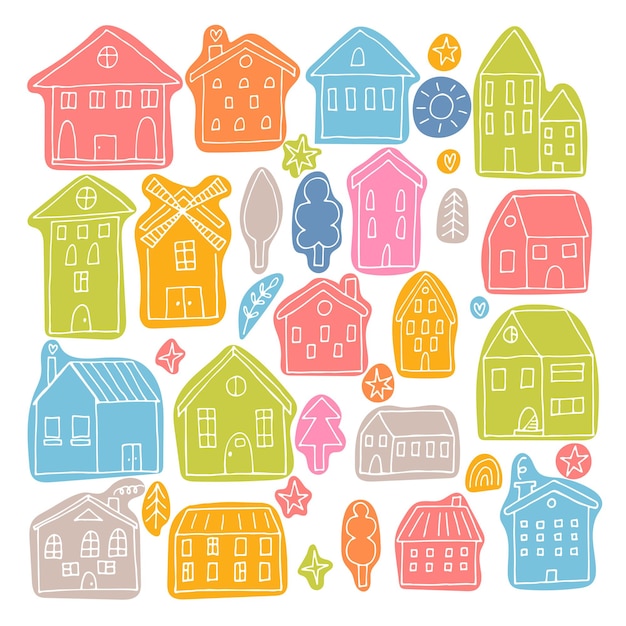 Conjunto de casas dibujadas a mano de colores Colección de edificios dibujados estilo Doodle Sticker lindos