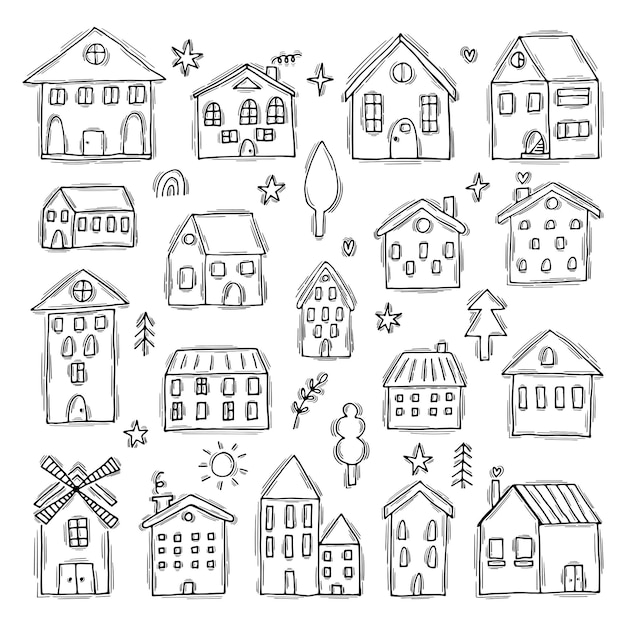 Conjunto de casas dibujadas a mano estilo Doodle Colección de edificios dibujados