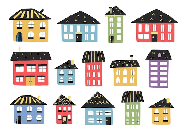 Conjunto de casas de dibujos animados lindo Colección de edificios de ciudad pequeña plana