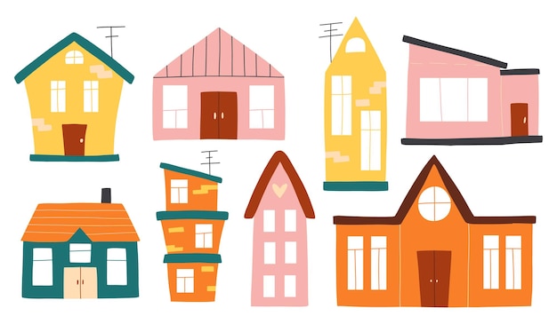 Conjunto de casas en estilo boho Colección vectorial de arte de clips con casas