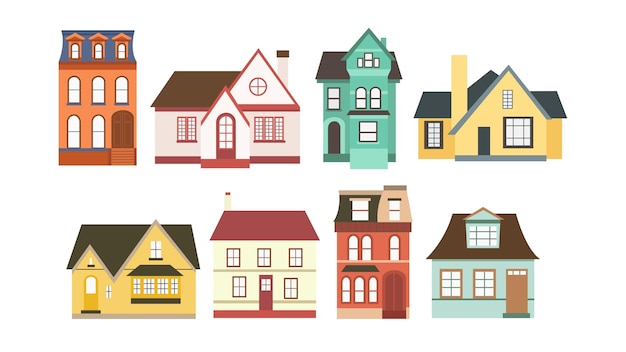 Conjunto de casas en estilo de dibujos animados Ilustración vectorial de ciudad y casa de campo casa adosada y casa de campo con vista frontal fondo blanco